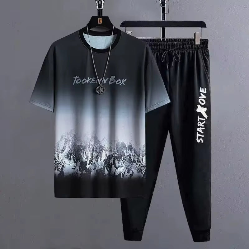 Summer Lightweight Ice Silk Gradient Set Men'S Short Sleeve T-Shirt Casual Shorts Sport Two-Piece Set Stylish Men'S Wear